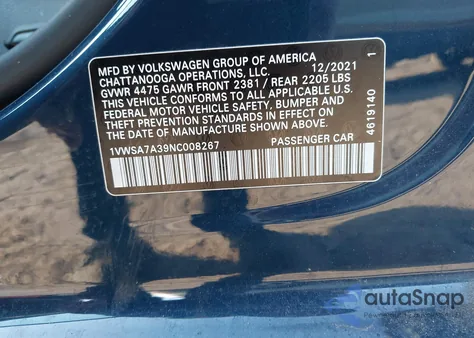 2022 Volkswagen Passat 2.0T Se z USA, uszkodzony, nr VIN 1VWSA7A39NC008267